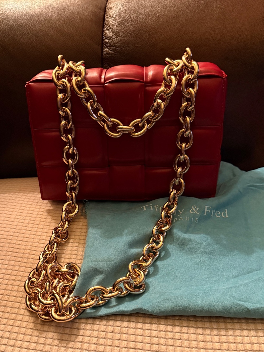 Tiffany & Fred Red Quilted Crossbody/Shoulder Bag with Casette Gold Chain